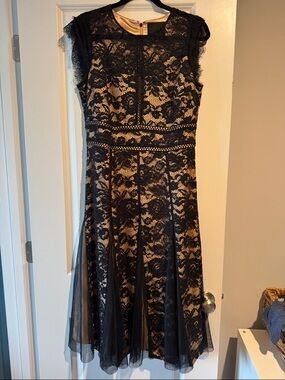 White House Black Market Black Lace Midi Dress with Nude Lining